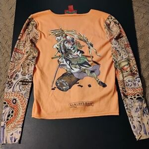 Amal Guessous Orange Cashmere Samurai Print Tattoo Sleeved V- Neck Size L